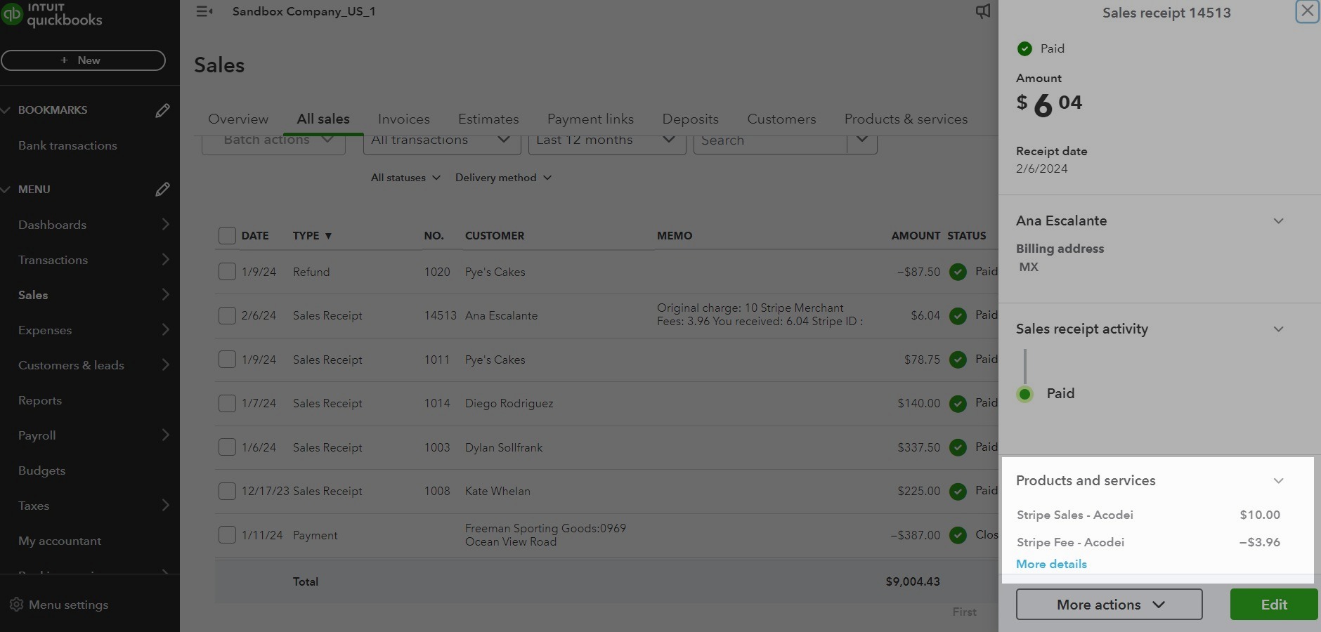 Shows the Stripe Fee as a line item on the Sales Receipt in QuickBooks